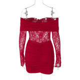 Off Shoulder Lace Patchwork Ruched Mini Dress GLAG-D5A20451F