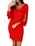 Elegant V-neck Fringed Long Sleeve Party Dress GYOU-CX1108
