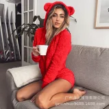 Plus Size Plush Loungewear Long Sleeve Hooded Romper GXHF-Y25669