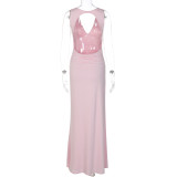 Sexy V Neck Backless Pleated Maxi Dress GLAG-D5A20457F