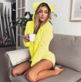 Plus Size Plush Loungewear Long Sleeve Hooded Romper GXHF-Y25669