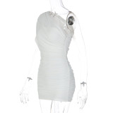 Solid Color Slash Shoulder Ruched Mesh Mini Dress GLAG-D5A20539F
