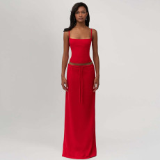 Solid Color Sling Top Two Piece Skirt Set GLAG-S5A20420F