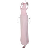 Sexy V Neck Backless Pleated Maxi Dress GLAG-D5A20457F