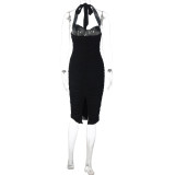Solid Color Halterneck Mesh Midi Dress GLAG-D5920287F