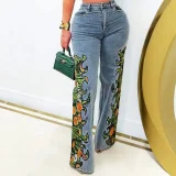 Fashion Print Washed Straight Jeans GXHF-M80625