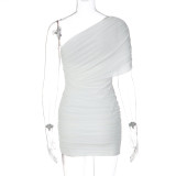 Solid Color Slash Shoulder Ruched Mesh Mini Dress GLAG-D5A20539F