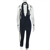 V Neck Tie Up Sport Solid Color Jumpsut GJYO-JP006275