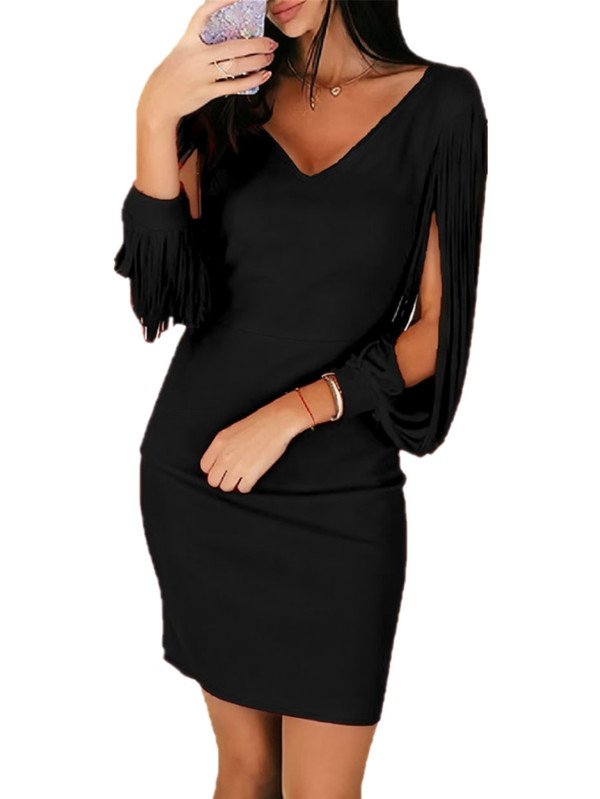 Elegant V-neck Fringed Long Sleeve Party Dress GYOU-CX1108