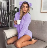 Plus Size Plush Loungewear Long Sleeve Hooded Romper GXHF-Y25669