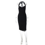 Solid Color Halterneck Mesh Midi Dress GLAG-D5920287F