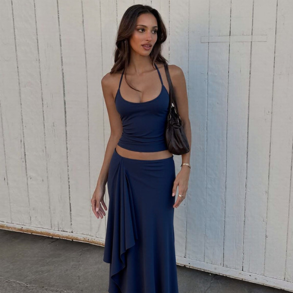 Solid Color Sling Top Irregular Long Skirt 2 Piece Set GLAG-S5A20528F