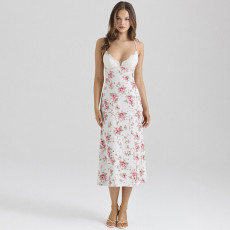 Floral Print Sexy V-Neck Long Dress GLAG-D5920329G
