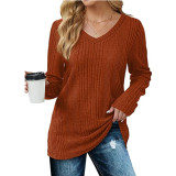 Solid Color V-neck knitted Long Sleeve Top GYOU-CX803