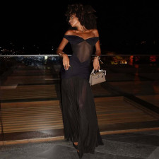 Patchwork Mesh One Shoulder Split Maxi Dress GLAG-D5A20336F