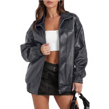 Long Sleeve Collared Zipper PU Leather Jacket GYOU-CX830