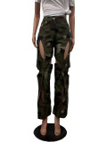 Camouflage Print Holes Cross Straight Pants OD-8600