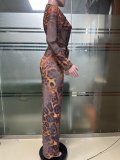 Print Mesh Long Sleeve Tops Flare Pants 2 Piece Set GXHF-M80819