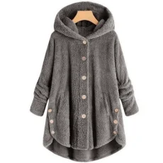 Plus Size Button-Up Hooded Plush Solid-Color Jacket GXHF-885236