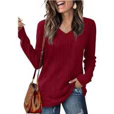 Solid Color V-neck knitted Long Sleeve Top GYOU-CX803