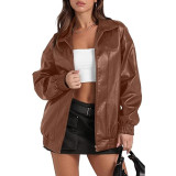 Long Sleeve Collared Zipper PU Leather Jacket GYOU-CX830