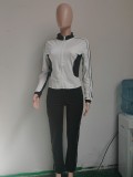 Casual Patchwork Zipper Tops Pants 2 Piece Set SH-391413