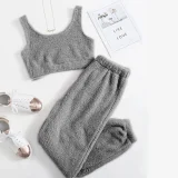 Solid Color Plush Tank Tops Two Piece Pants Set GXHF-X08292163