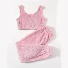Solid Color Plush Tank Tops Two Piece Pants Set GXHF-X08292163