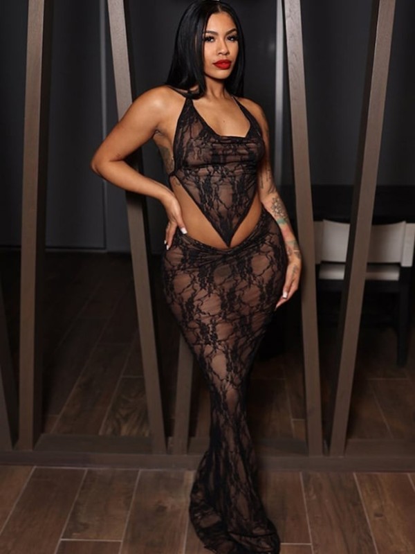 Halterneck Tie Up Lace Backless Long Skirt Two Piece Set GXHF-X80318