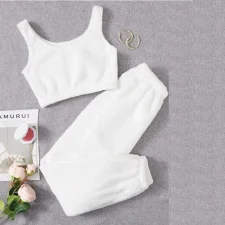 Solid Color Plush Tank Tops Two Piece Pants Set GXHF-X08292163