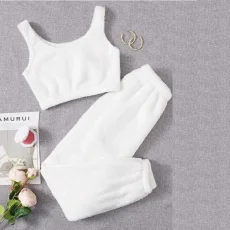 Solid Color Plush Tank Tops Two Piece Pants Set GXHF-X08292163