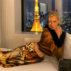 Print Fur Neck Patchwork Top Long Skirts 2 Piece Set GZJQ-K25S84483