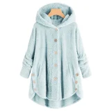 Plus Size Button-Up Hooded Plush Solid-Color Jacket GXHF-885236