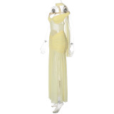Patchwork Mesh One Shoulder Split Maxi Dress GLAG-D5A20336F