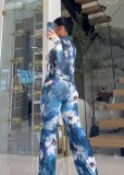 Print Mesh Long Sleeve Tops Flare Pants 2 Piece Set GXHF-M80819