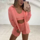 Plus Size Plush Long Sleeve Coat+Vest+Short 3 Piece Set GXHF-HT869
