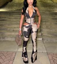 Print Halterneck Tie Up Jumpsuit GXHF-M80915