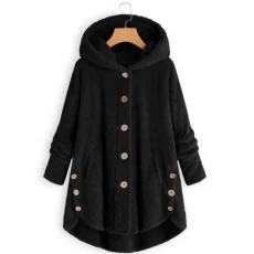Plus Size Button-Up Hooded Plush Solid-Color Jacket GXHF-885236