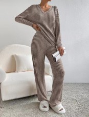 Casual Loose Knit V-Neck Long Sleeve And Pants Suit GYOU-CX23082701