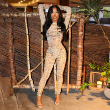 Letter Print Mesh Bodysuit Skinny Two Piece Pants Set GDSF-D25ST474