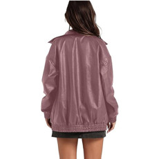 Long Sleeve Collared Zipper PU Leather Jacket GYOU-CX830