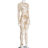 Letter Print Mesh Bodysuit Skinny Two Piece Pants Set GDSF-D25ST474