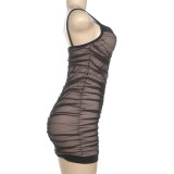 Mesh Patchwork Ruched Sling Mini Dress GZJQ-K25D85965