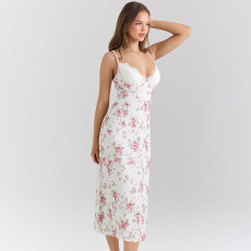 Floral Print Sexy V-Neck Long Dress GLAG-D5920329G