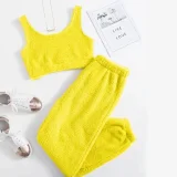 Solid Color Plush Tank Tops Two Piece Pants Set GXHF-X08292163