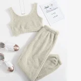 Solid Color Plush Tank Tops Two Piece Pants Set GXHF-X08292163
