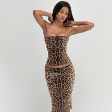 Leopard Print Wrap Chest Tops Two Piece Skirts Set GLAG-S5920248G