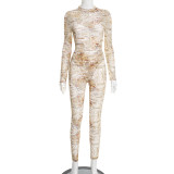 Letter Print Mesh Bodysuit Skinny Two Piece Pants Set GDSF-D25ST474