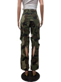 Camouflage Print Holes Cross Straight Pants OD-8600