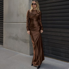 Solid Color Long Sleeve Split Maxi Dress XEF-K25D86488